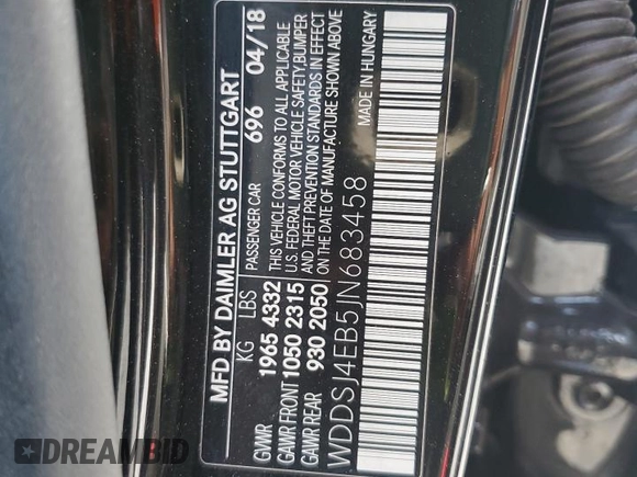 2018 Mercedes-Benz CLA with VIN WDDSJ4EB5JN683458, listed as a Copart auction lot 57898343 with 66,555 mi miles. Bid and sale history available at carsss.com. Image 12.