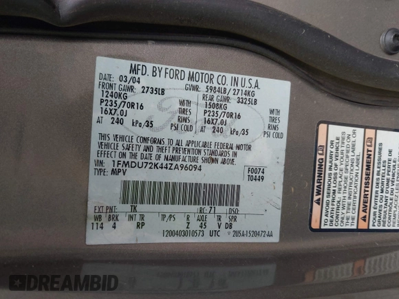 2004 Ford Explorer XLS с VIN 1FMDU72K44ZA96094, выставлен на аукционе IAAI как лот 42019426 с пробегом Не указан миль и . История ставок и продаж доступна на DreamBid. Изображение 9.