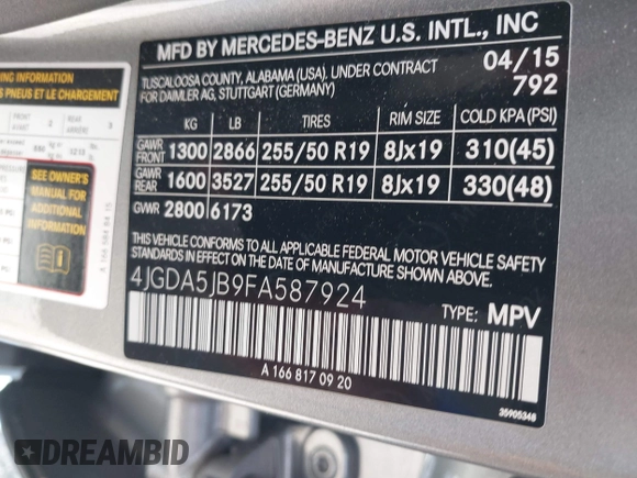 2015 Mercedes-Benz M 350 with VIN 4JGDA5JB9FA587924, listed as a IAAI auction lot 42296749 with 175,708 mi miles and . Bid and sale history available at DreamBid. Image 9.