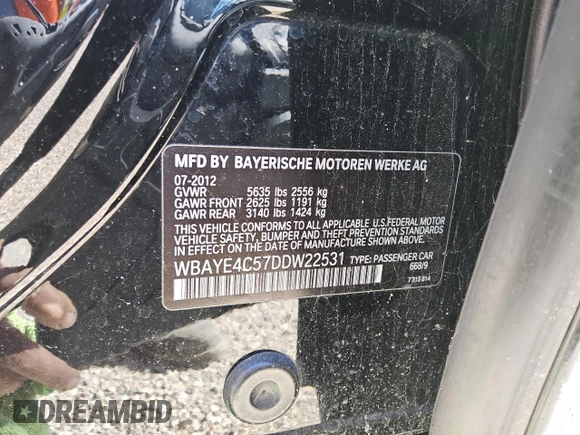 2013 BMW 7 Series 740Li with VIN WBAYE4C57DDW22531, listed as a Copart auction lot 81522614 with 174,441 mi miles and Clean title. Bid and sale history available at DreamBid. Image 13.