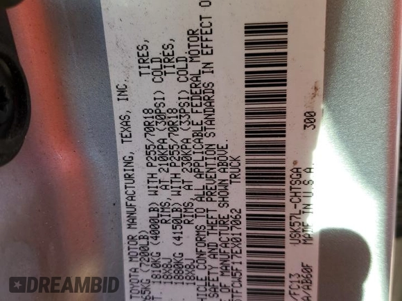 2014 Toyota Tundra 4WD Truck SR with VIN 5TFCW5F17EX017062, listed as a Copart auction lot 69207794 with 0 mi miles and Salvage Title. Bid and sale history available at carsss.com. Image 14.