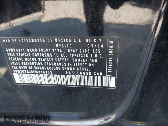 2015 Volkswagen Jetta S with VIN 3VW2K7AJ9FM210733, listed as a IAAI auction lot 42765535 with 155,299 mi miles and . Bid and sale history available at DreamBid. Image 9.