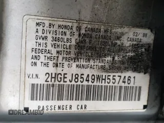 1998 Honda Civic EX z VIN 2HGEJ8549WH557461, wystawiony jako Copart lot #58360805 z przebiegiem 202 708 mil mil oraz Szkoda całkowita • Salvage title. Historia ofert i sprzedaży dostępna na DreamBid. Obrazek 12.