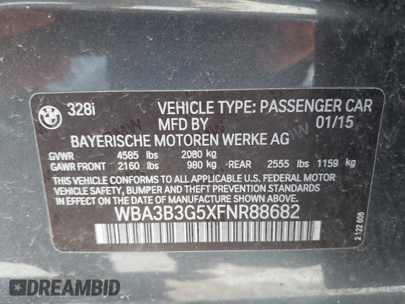 2015 BMW 3 Series 328i xDrive with VIN WBA3B3G5XFNR88682, listed as a IAAI auction lot 39228218 with 102,201 mi miles and . Bid and sale history available at DreamBid. Image 9.