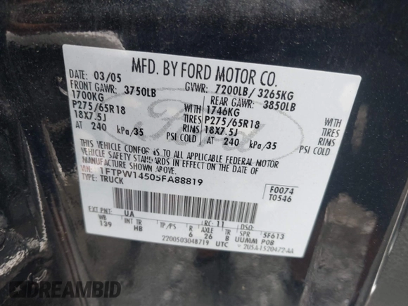 2005 Ford F-150 XLT with VIN 1FTPW14505FA88819, listed as a IAAI auction lot 41853524 with 227,414 mi miles. Bid and sale history available at carsss.com. Image 9.