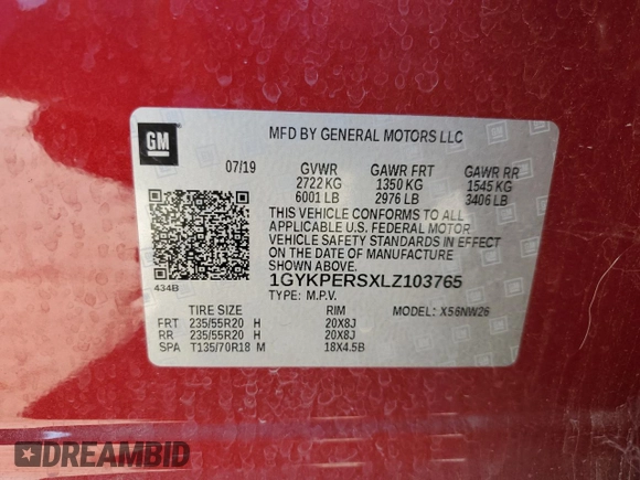2020 Cadillac XT6 FWD Premium Luxury with VIN 1GYKPERSXLZ103765, listed as a Copart auction lot 73532524 with 44,084 mi miles and Salvage Title. Bid and sale history available at carsss.com. Image 14.