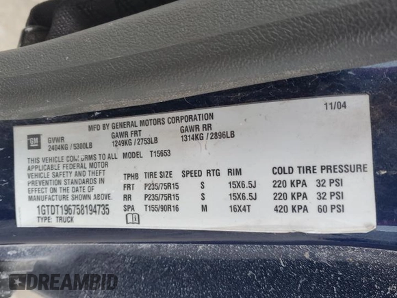 2005 GMC Canyon SLE Z71 with VIN 1GTDT196758194735, listed as a Copart auction lot 82189764 with 135,415 mi miles and Clean Title. Bid and sale history available at carsss.com. Image 12.