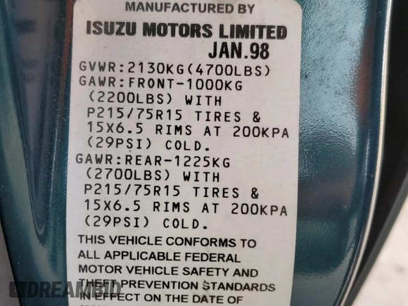 1998 Isuzu Rodeo S z VIN 4S2CK58W0W4339022, wystawiony jako Copart lot #78746864 z przebiegiem 136 138 mil mil oraz Szkoda całkowita • Salvage title. Historia ofert i sprzedaży dostępna na DreamBid. Obrazek 15.