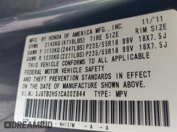 2012 Acura RDX Tech Pkg with VIN 5J8TB2H51CA002844, listed as a IAAI auction lot 41727770 with 174,274 mi miles. Bid and sale history available at carsss.com. Image 9.