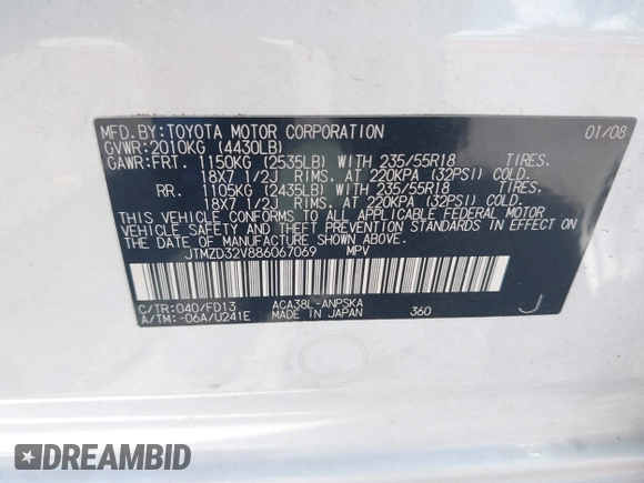 2008 Toyota RAV4 Sport with VIN JTMZD32V886067069, listed as a IAAI auction lot 42574256 with 233,799 mi miles and . Bid and sale history available at DreamBid. Image 9.