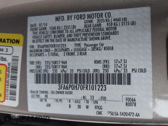 2015 Ford Fusion SE with VIN 3FA6P0H70FR101223, listed as a IAAI auction lot 42005741 with 107,564 mi miles. Bid and sale history available at carsss.com. Image 9.