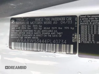 2004 BMW 3 Series 330Ci with VIN WBABW53444PL40734, listed as a IAAI auction lot 41945832 with 158,603 mi miles and . Bid and sale history available at carsss.com. Image 9.