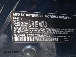 2012 BMW 5 Series 535i xDrive with VIN WBAFU7C53CDU62674, listed as a IAAI auction lot 41757421 with 107,886 mi miles. Bid and sale history available at carsss.com. Image 9.