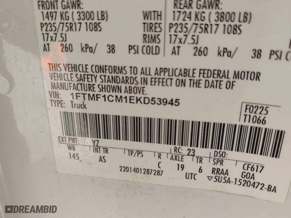 2014 Ford F-150 XL with VIN 1FTMF1CM1EKD53945, listed as a IAAI auction lot 41889789 with 296,163 mi miles. Bid and sale history available at carsss.com. Image 9.