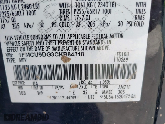 2012 Ford Escape XLT с VIN 1FMCU9DG3CKB84318, выставлен на аукционе IAAI как лот 42705765 с пробегом 171 157 миль миль и . История ставок и продаж доступна на DreamBid. Изображение 9.