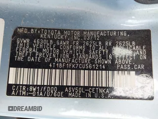 2012 Toyota Camry L z VIN 4T1BF1FK7CU561214, wystawiony jako IAAI lot #42286118 z przebiegiem 182 553 mil mil oraz . Historia ofert i sprzedaży dostępna na DreamBid. Obrazek 9.