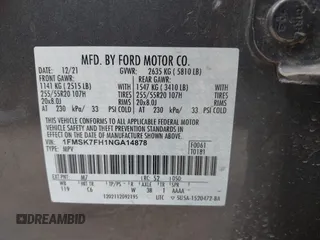 2022 Ford Explorer Limited с VIN 1FMSK7FH1NGA14878, выставлен на аукционе IAAI как лот 42152768 с пробегом 49 593 миль миль и . История ставок и продаж доступна на DreamBid. Изображение 9.
