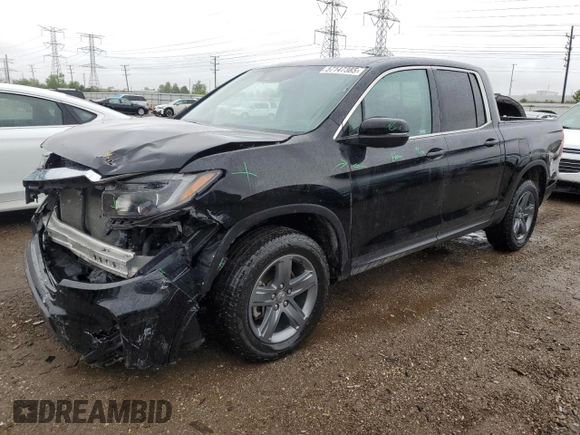 2023 Honda Ridgeline RTL with VIN 5FPYK3F59PB001216, listed as a Copart auction lot 57147385 with 43,452 mi miles and Salvage title. Bid and sale history available at DreamBid. Image 1.