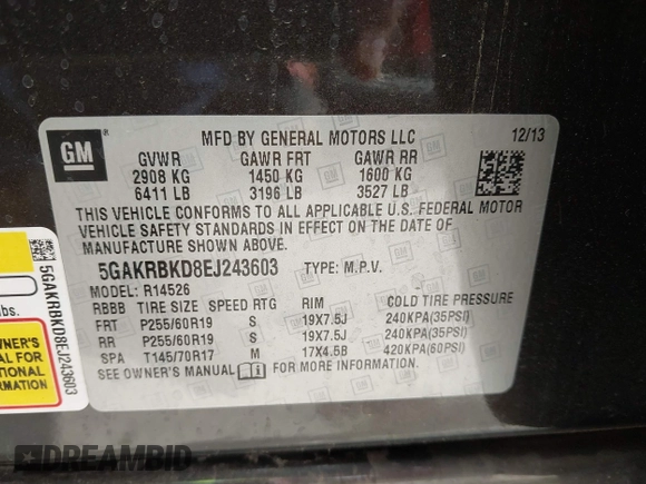 2014 Buick Enclave Leather with VIN 5GAKRBKD8EJ243603, listed as a IAAI auction lot 42159022 with 215,773 mi miles and . Bid and sale history available at carsss.com. Image 9.