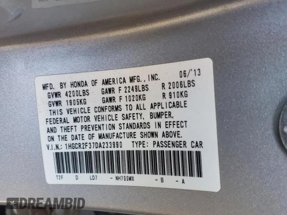 2013 Honda Accord LX z VIN 1HGCR2F37DA233990, wystawiony jako Copart lot #51832815 z przebiegiem 107 636 mil mil oraz Szkoda całkowita • Salvage title. Historia ofert i sprzedaży dostępna na DreamBid. Obrazek 14.