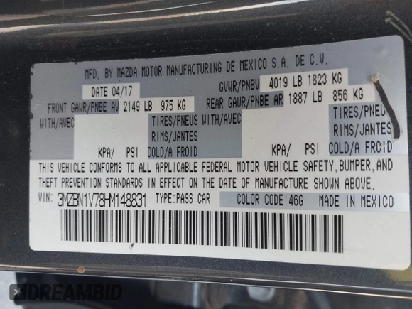 2017 Mazda 3 Touring with VIN 3MZBN1V78HM148831, listed as a IAAI auction lot 42229081 with 56,651 mi miles and . Bid and sale history available at DreamBid. Image 9.