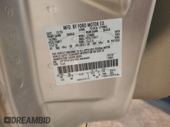 2006 Ford F-150 XL with VIN 1FTPX12V16FA64420, listed as a Copart auction lot 81628804 with 0 mi miles and Salvage Title. Bid and sale history available at carsss.com. Image 12.