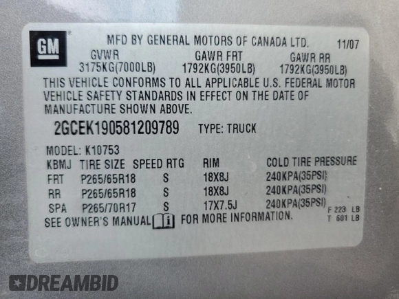 2008 Chevrolet Silverado 1500 1LT with VIN 2GCEK190581209789, listed as a Copart auction lot 46324265 with 202,861 mi miles and Salvage Title. Bid and sale history available at DreamBid. Image 14.