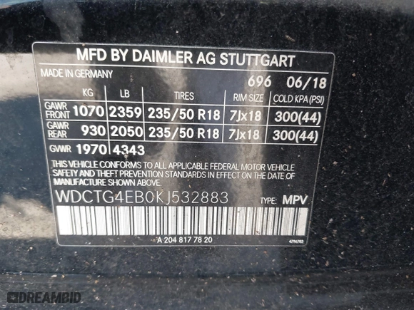2019 Mercedes-Benz GLA with VIN WDCTG4EB0KJ532883, listed as a IAAI auction lot 41780802 with 79,630 mi miles. Bid and sale history available at carsss.com. Image 9.