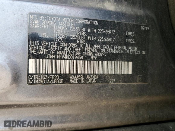 2019 Toyota RAV4 LE with VIN JTMH1RFV4KD019458, listed as a Copart auction lot 54262545 with 98,433 mi miles and Salvage Title. Bid and sale history available at carsss.com. Image 13.