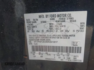 2006 Ford F-150 XLT z VIN 1FTPW12V26KE01817, wystawiony jako IAAI lot #42097540 z przebiegiem 163 440 mil mil oraz . Historia ofert i sprzedaży dostępna na DreamBid. Obrazek 9.