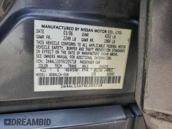 2006 Nissan Altima S with VIN 1N4AL11D76C205718, listed as a Copart auction lot 60190495 with 194,247 mi miles and Salvage title. Bid and sale history available at DreamBid. Image 12.