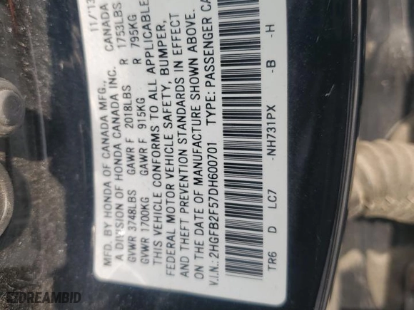2013 Honda Civic Sdn LX with VIN 2HGFB2F57DH600701, listed as a Copart auction lot 53272825 with 256,244 mi miles and Salvage Title. Bid and sale history available at carsss.com. Image 13.