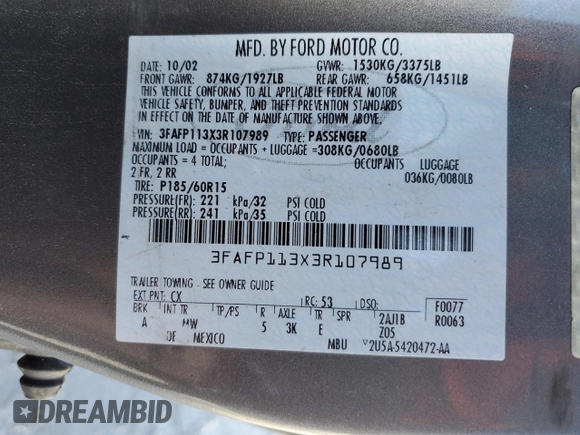 2003 Ford ZX2 ZX2 Standard z VIN 3FAFP113X3R107989, wystawiony jako Copart lot #46090515 z przebiegiem 168 186 mil mil oraz Szkody całkowita. Historia ofert i sprzedaży dostępna na DreamBid. Obrazek 14.