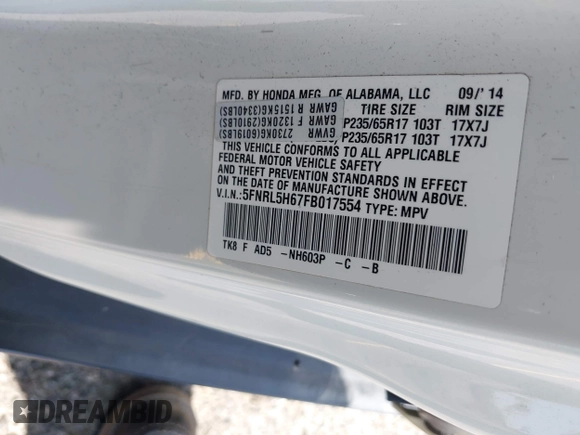 2015 Honda Odyssey EX-L with VIN 5FNRL5H67FB017554, listed as a IAAI auction lot 41974821 with 76,130 mi miles and . Bid and sale history available at carsss.com. Image 9.