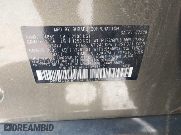 2020 Subaru Outback Touring z VIN 4S4BTAPC7L3241817, wystawiony jako IAAI lot #42336018 z przebiegiem 40 058 mil mil oraz . Historia ofert i sprzedaży dostępna na DreamBid. Obrazek 9.