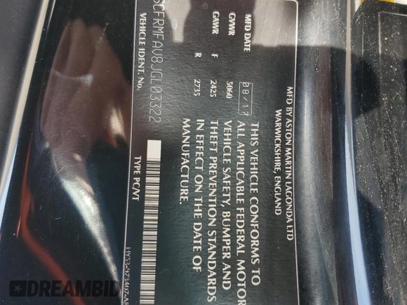 2018 Aston Martin DB11 z VIN SCFRMFAV8JGL03322, wystawiony jako Copart lot #86810004 z przebiegiem Nie podano mil oraz Szkody całkowita. Historia ofert i sprzedaży dostępna na DreamBid. Obrazek 12.