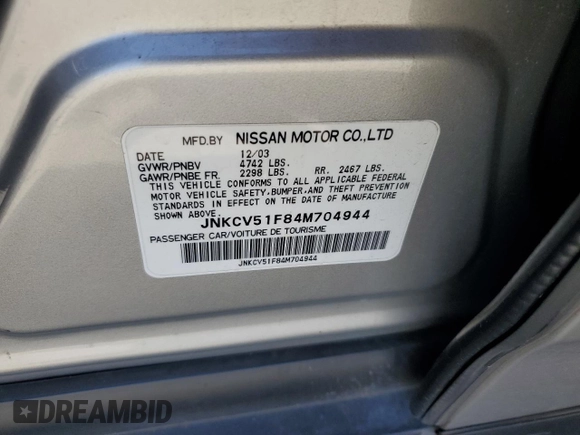 2004 Infiniti G35 w/Leather with VIN JNKCV51F84M704944, listed as a Copart auction lot 52236215 with 168,207 mi miles and Clean Title. Bid and sale history available at DreamBid. Image 12.