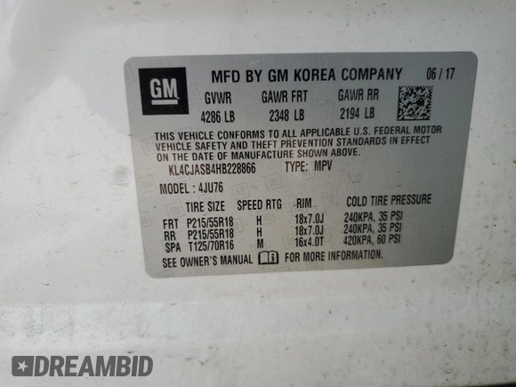 2017 Buick Encore Preferred with VIN KL4CJASB4HB228866, listed as a Copart auction lot 57438915 with 90,647 mi miles and Salvage title. Bid and sale history available at DreamBid. Image 13.