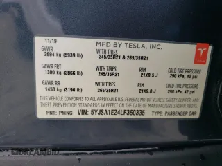 2020 Tesla Model S Long Range with VIN 5YJSA1E24LF360335, listed as a Copart auction lot 57947265 with 50,672 mi miles and Clean title. Bid and sale history available at DreamBid. Image 12.