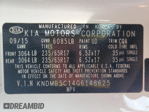 2016 Kia Sedona LX with VIN KNDMB5C14G6148625, listed as a Copart auction lot 53874675 with 168,688 mi miles and Salvage Title. Bid and sale history available at carsss.com. Image 13.