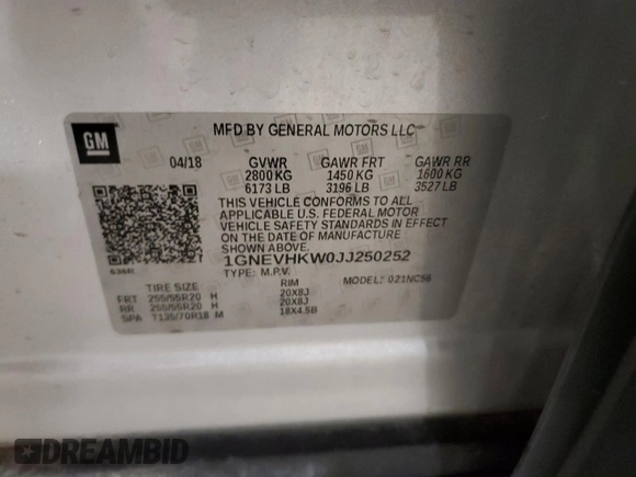 2018 Chevrolet Traverse LT z VIN 1GNEVHKW0JJ250252, wystawiony jako Copart lot #55965095 z przebiegiem 116 794 mil mil oraz Szkoda całkowita • Salvage title. Historia ofert i sprzedaży dostępna na DreamBid. Obrazek 14.
