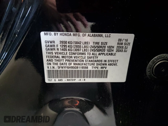 2016 Honda Pilot Touring with VIN 5FNYF6H95GB119598, listed as a Copart auction lot 55467715 with 178,953 mi miles and Clean Title. Bid and sale history available at DreamBid. Image 14.