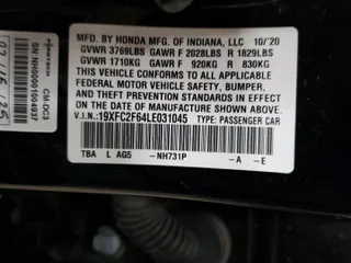 2020 Honda Civic Sedan LX with VIN 19XFC2F64LE031045, listed as a Copart auction lot 54589445 with 58,692 mi miles and Salvage Title. Bid and sale history available at carsss.com. Image 13.