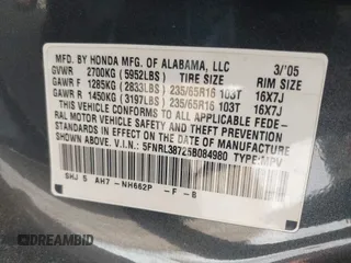 2005 Honda Odyssey EX-L with VIN 5FNRL38725B084980, listed as a IAAI auction lot 41917012 with 134,685 mi miles. Bid and sale history available at carsss.com. Image 9.