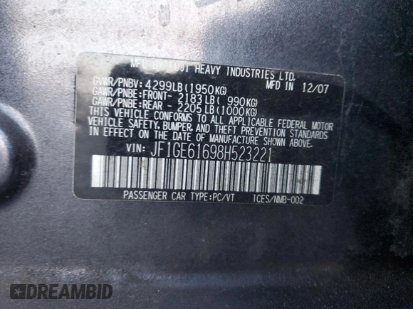 2008 Subaru Impreza Sedan (Natl) i with VIN JF1GE61698H523221, listed as a Copart auction lot 83918954 with 231,879 mi miles and Clean Title. Bid and sale history available at carsss.com. Image 12.