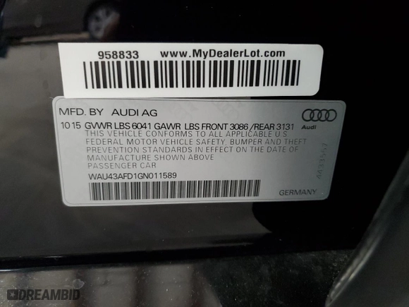 2016 Audi A8 L 4.0T Sport with VIN WAU43AFD1GN011589, listed as a Copart auction lot 86614934 with 96,137 mi miles and Salvage Title. Bid and sale history available at carsss.com. Image 13.