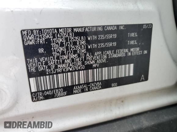 2023 Toyota RAV4 Adventure with VIN 2T3J1RFV3PW376450, listed as a Copart auction lot 46067775 with 0 mi miles and Salvage Title. Bid and sale history available at carsss.com. Image 13.