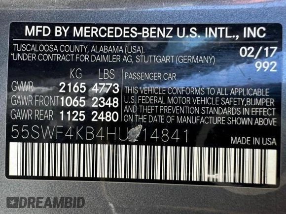 2017 Mercedes-Benz C 300 with VIN 55SWF4KB4HU214841, listed as a Copart auction lot 88178535 with 162,210 mi miles and Salvage Title. Bid and sale history available at DreamBid. Image 15.