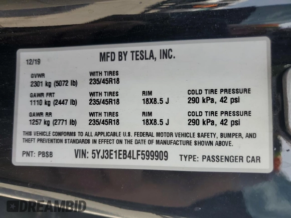 2020 Tesla Model 3 Long Range with VIN 5YJ3E1EB4LF599909, listed as a Copart auction lot 52435425 with 118,574 mi miles and Salvage Title. Bid and sale history available at DreamBid. Image 13.