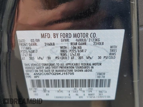 2009 Mercury Mariner Premier z VIN 4M2CU97G29KJ15705, wystawiony jako Copart lot #58233215 z przebiegiem 129 589 mil mil oraz Szkoda całkowita • Salvage title. Historia ofert i sprzedaży dostępna na DreamBid. Obrazek 12.
